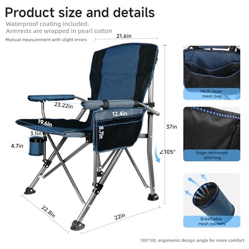 Folding Camping Chair with Cup Holder and Storage Bag, Heavy Basic Version Blue