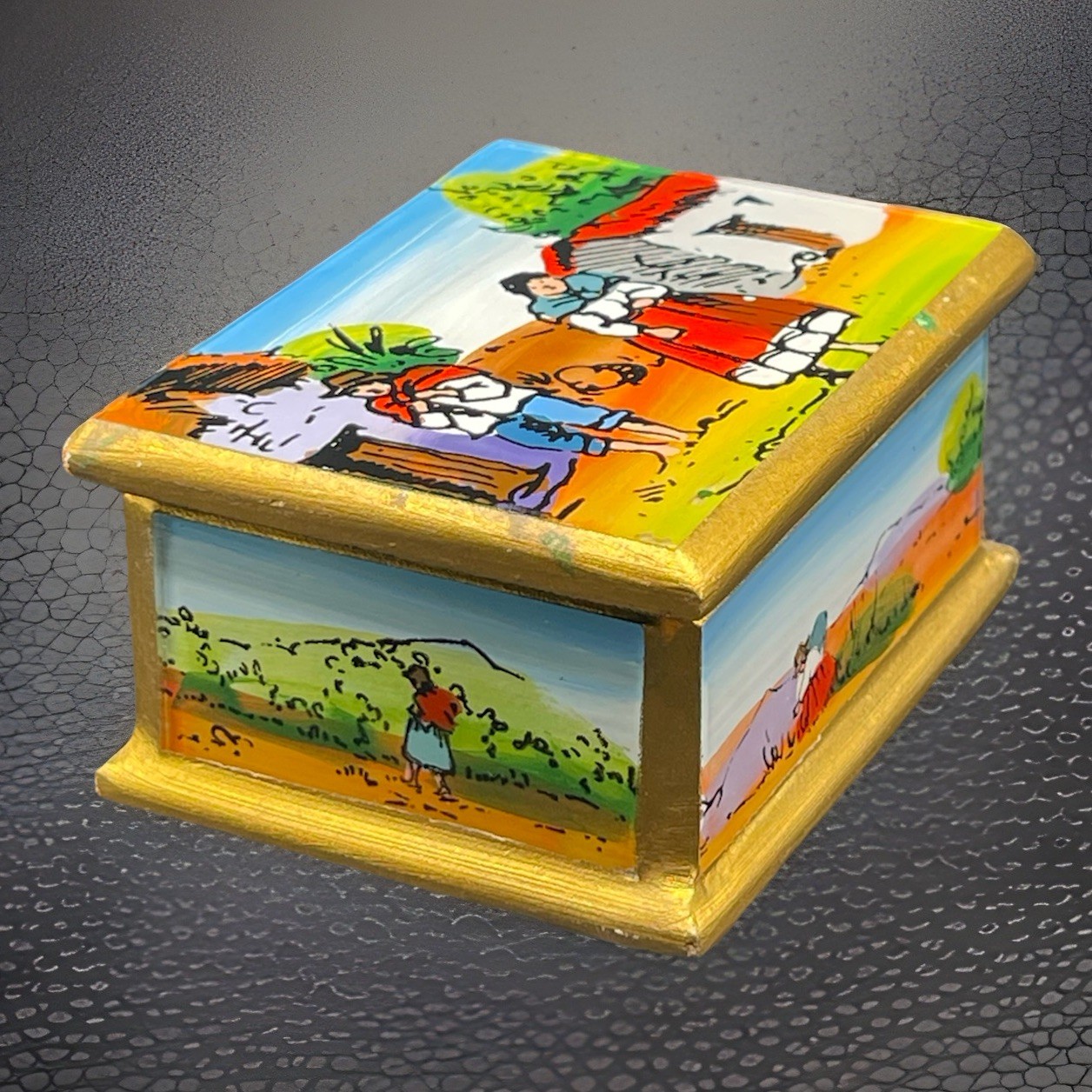 Peru Folk ART Peruvian Village Reverse Glass Painting Wooden Mini Trinket Box