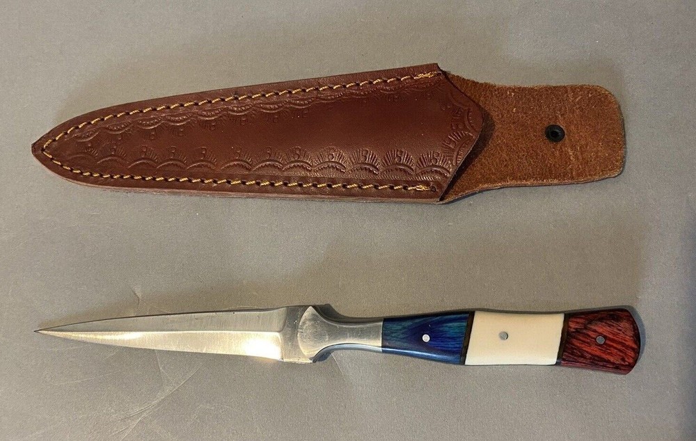 CUSTOM DOUBLE EDGED DAGGER KNIFE LEATHER SHEATH PATRIOTIC HANDLE