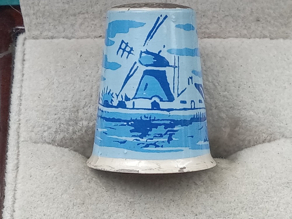 Sterling Silver Germany Thimble w. Windmill Scene: 1" x .75"
