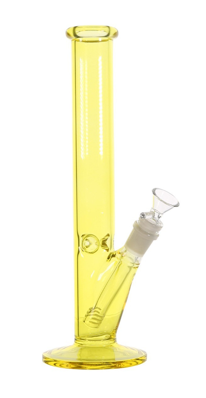 12” Neon Yellow Straight Tube Glass Water Pipe Hand Painted + 14mm Bowl Downstem