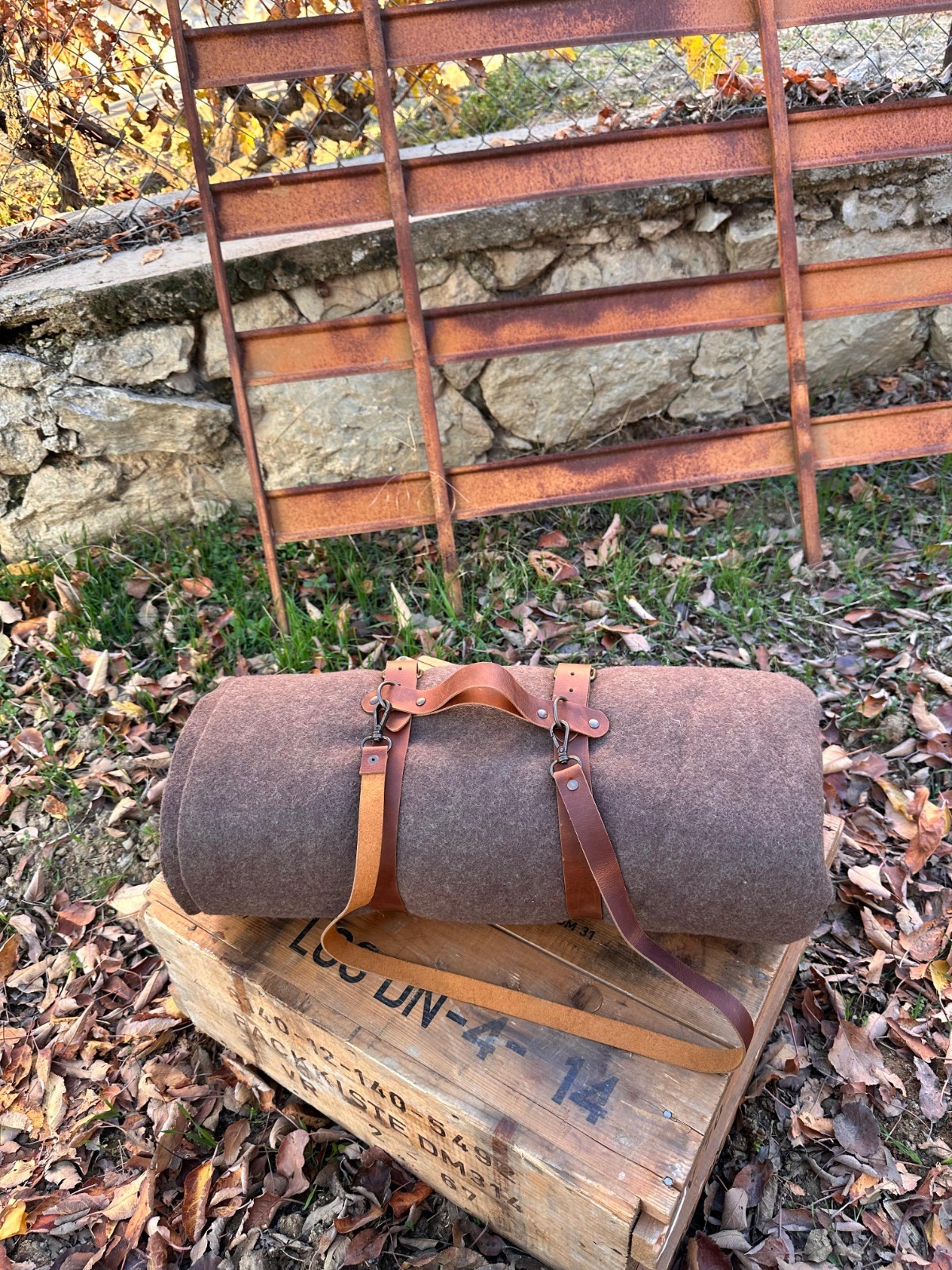 Bushcraft Wool Blanket with Handmade Leather Strap, Natural Blanket For Outdoor