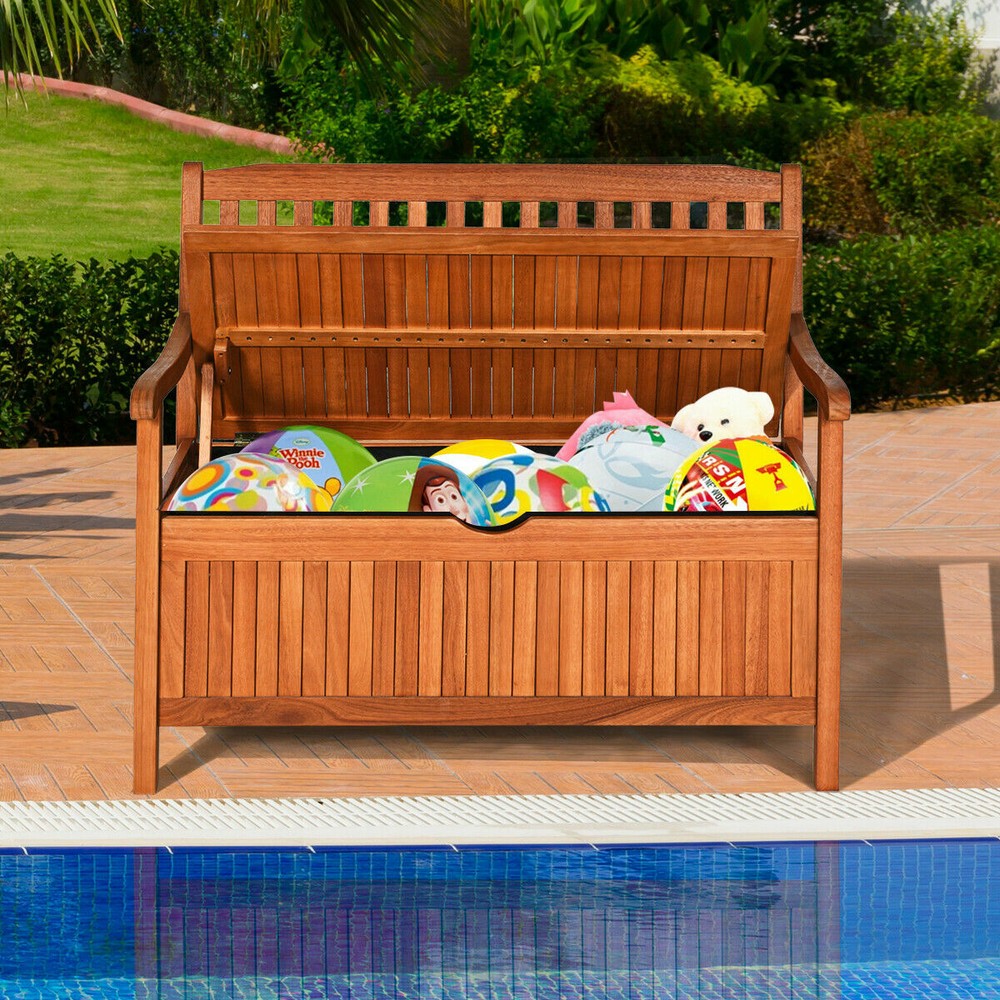 42" Storage Bench Deck Box Solid Wood Seating Container Tools Toys W/Backrest
