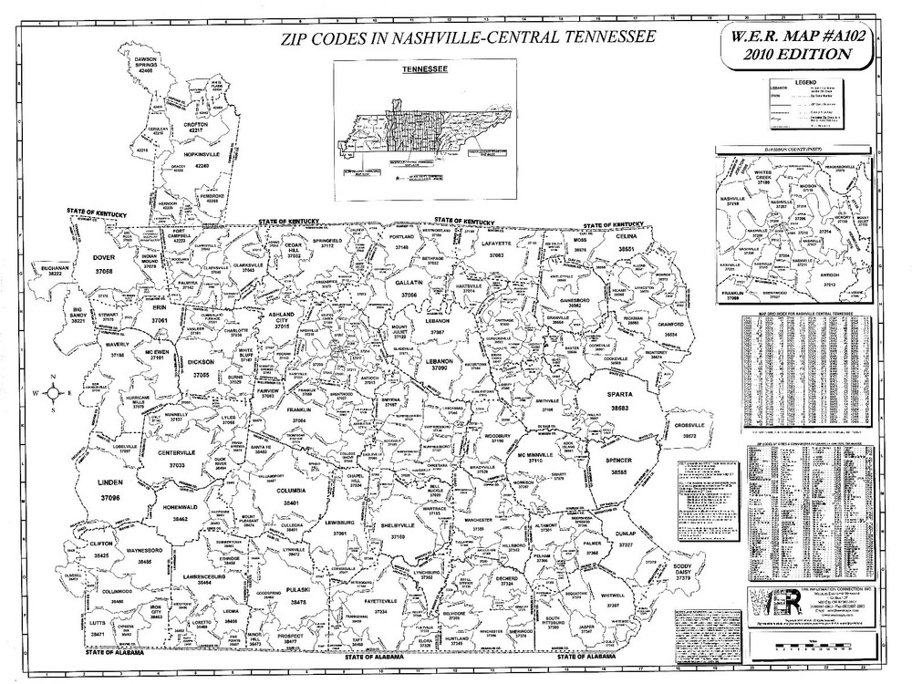 Nashville Central Tennessee Laminated Zip Code Wall Map