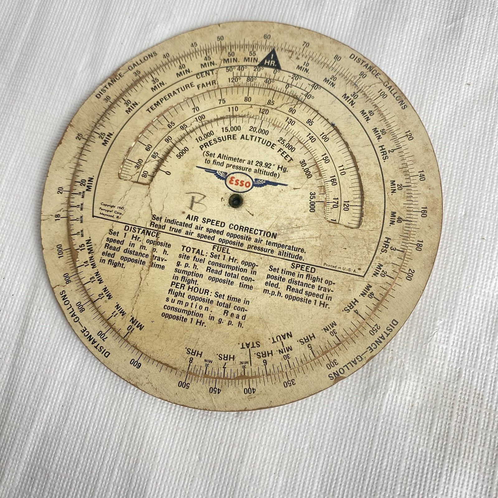 1947 Esso Flight Calculator True Course Air Ground Speed Plane Aviation