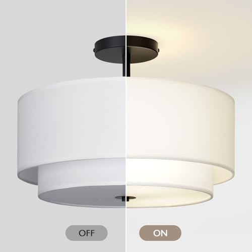 16" Dual Drum 3-Light Semi Flush Mount Ceiling Light, White Classic Black