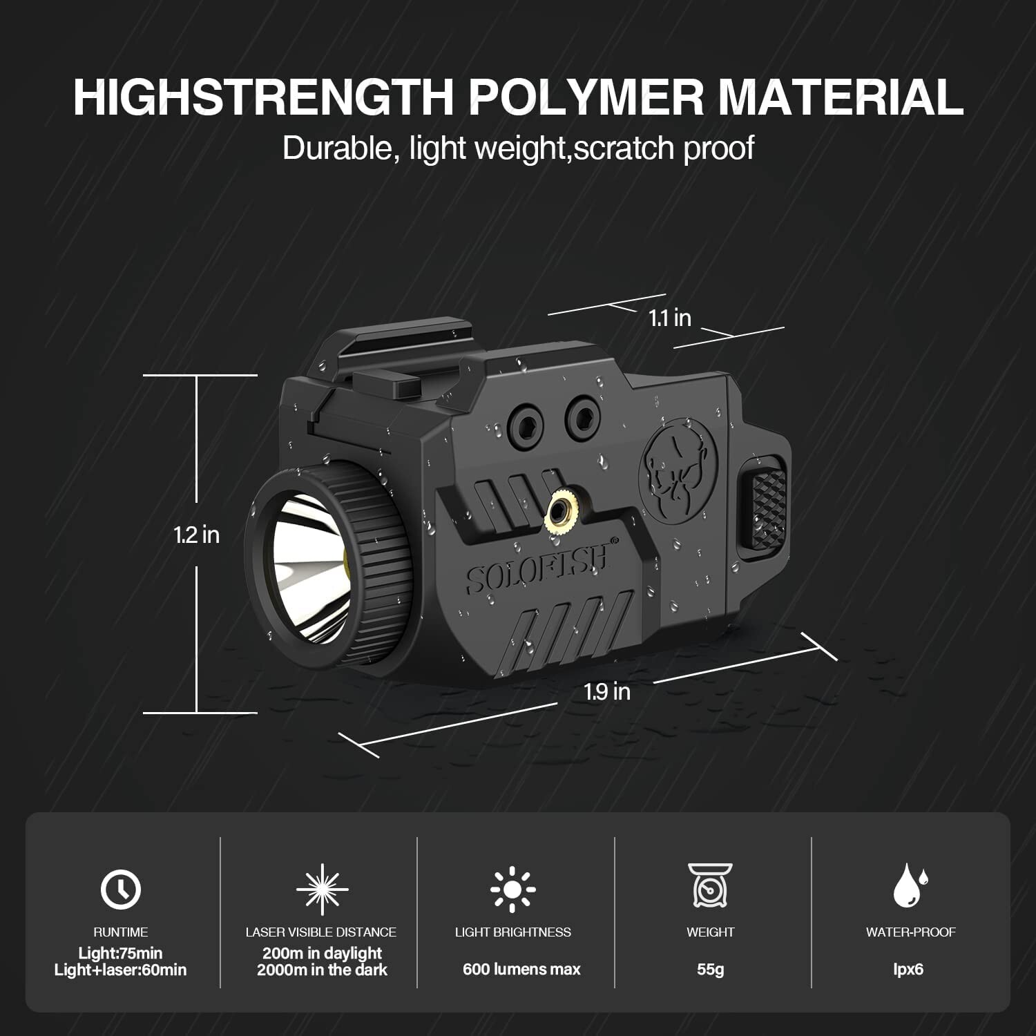 SOLOFISH 600 Lumen Flashlight & Green Laser Sight Pistol Handgun Picatinny Rail