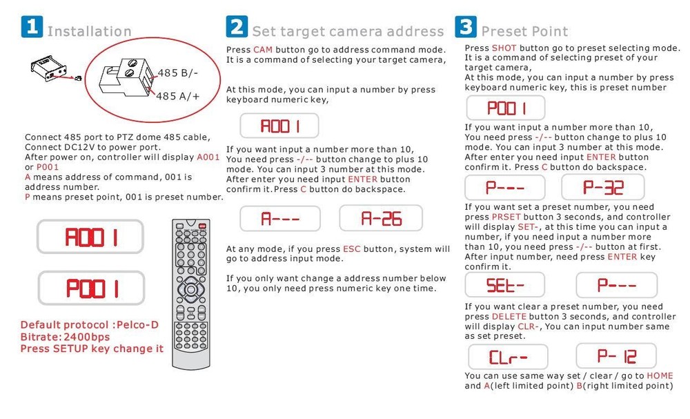 PAN TILT ZOOM WIRELESS DATA Remote Control PTZ Camera Controller Pelco D RS485