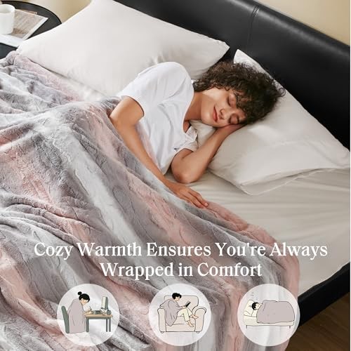 Queen Size Blanket Ultra-Soft Poly Fur Queen Size, 90x90" Blush/Grey