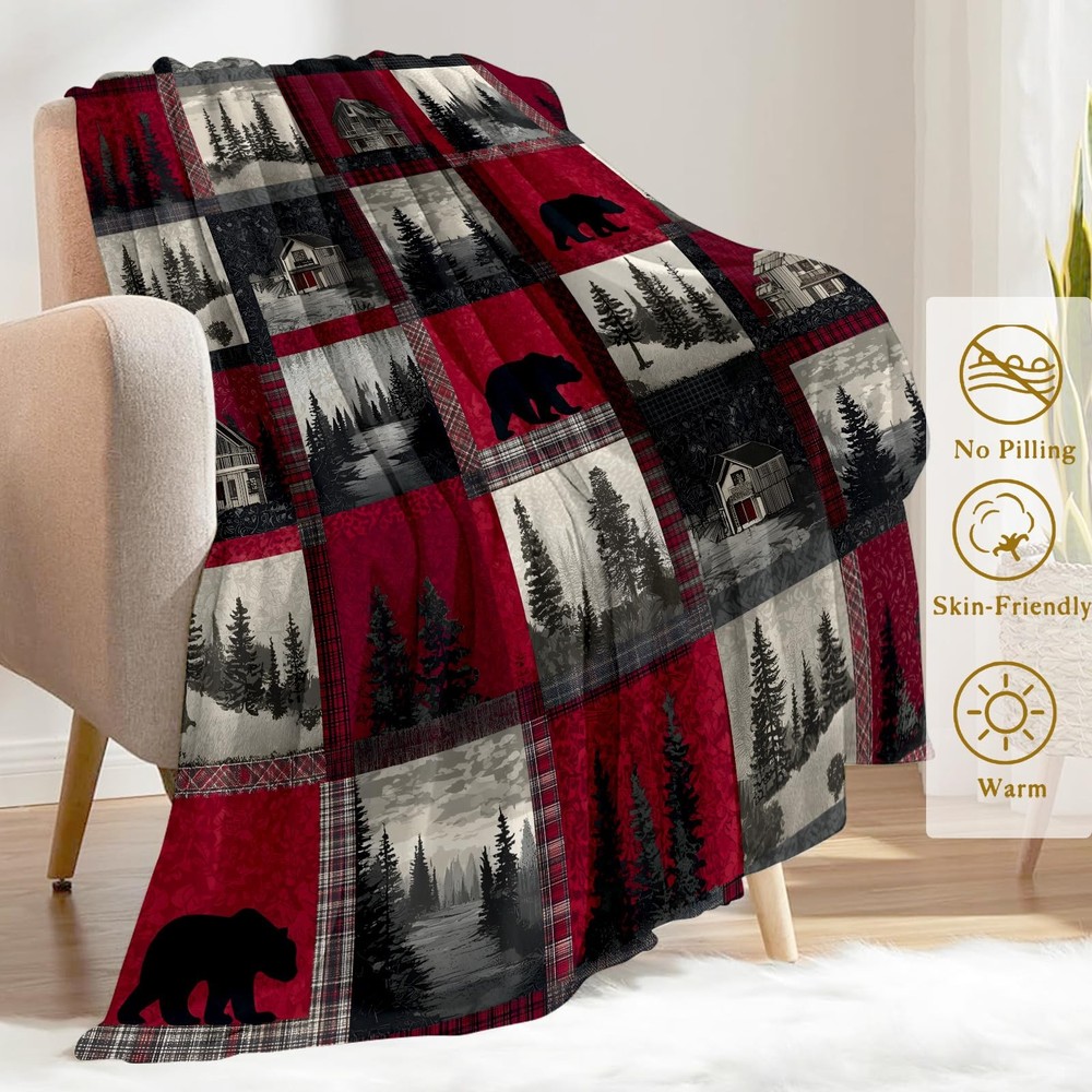 Rustic Christmas Decorative Blanket, Bear Cabin Forest Patchwork Print Throw ...