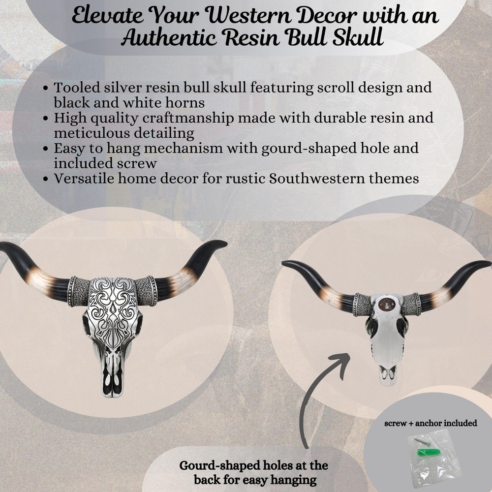 Tooled Silver Resin Bull Skull Wall Decor with Scrolls Design