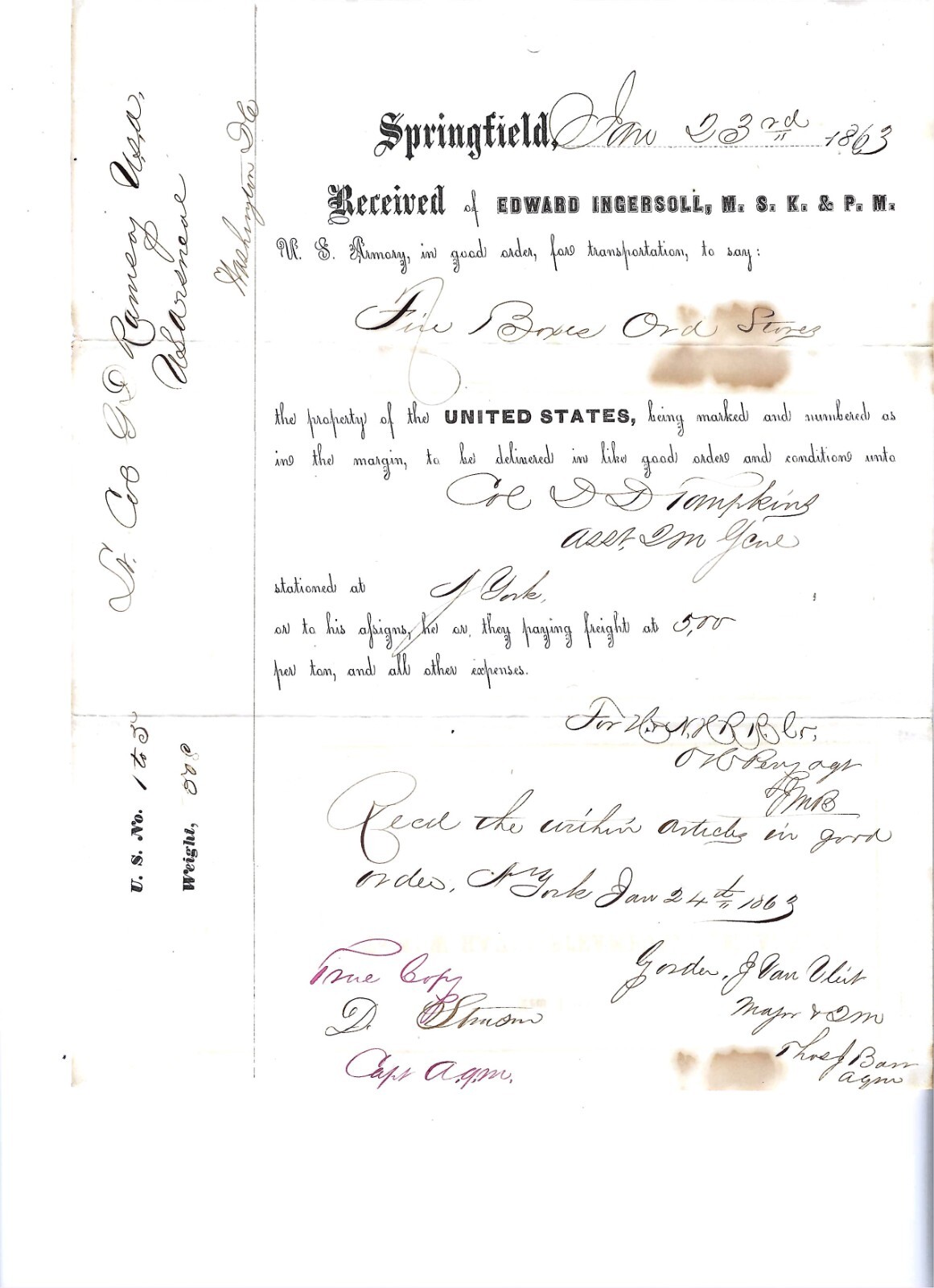 6/23/63 Stores Document Springfield Lt Edward Ingersoll US Ordinance B.