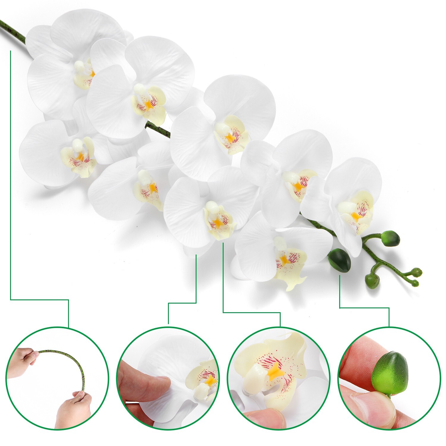 EZFLOWERY 2 Pcs 38’’ Artificial Real Touch Orchids Flowers 9 Heads Latex, White