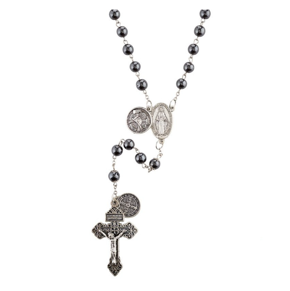 Fire Fighter Rosary St. Michael & St. Benedict 8mm Hematite Bead Catholic Men