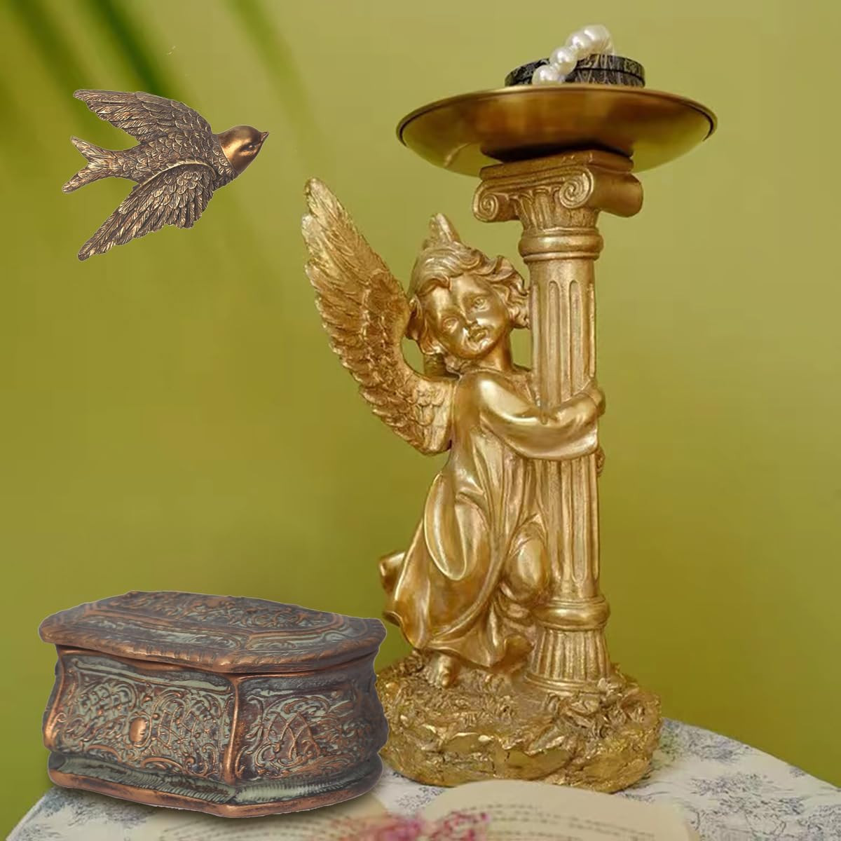 Vintage Wall Sculpture, Antique Pediment Hallway Wall Art, Hand Painted Bird wit