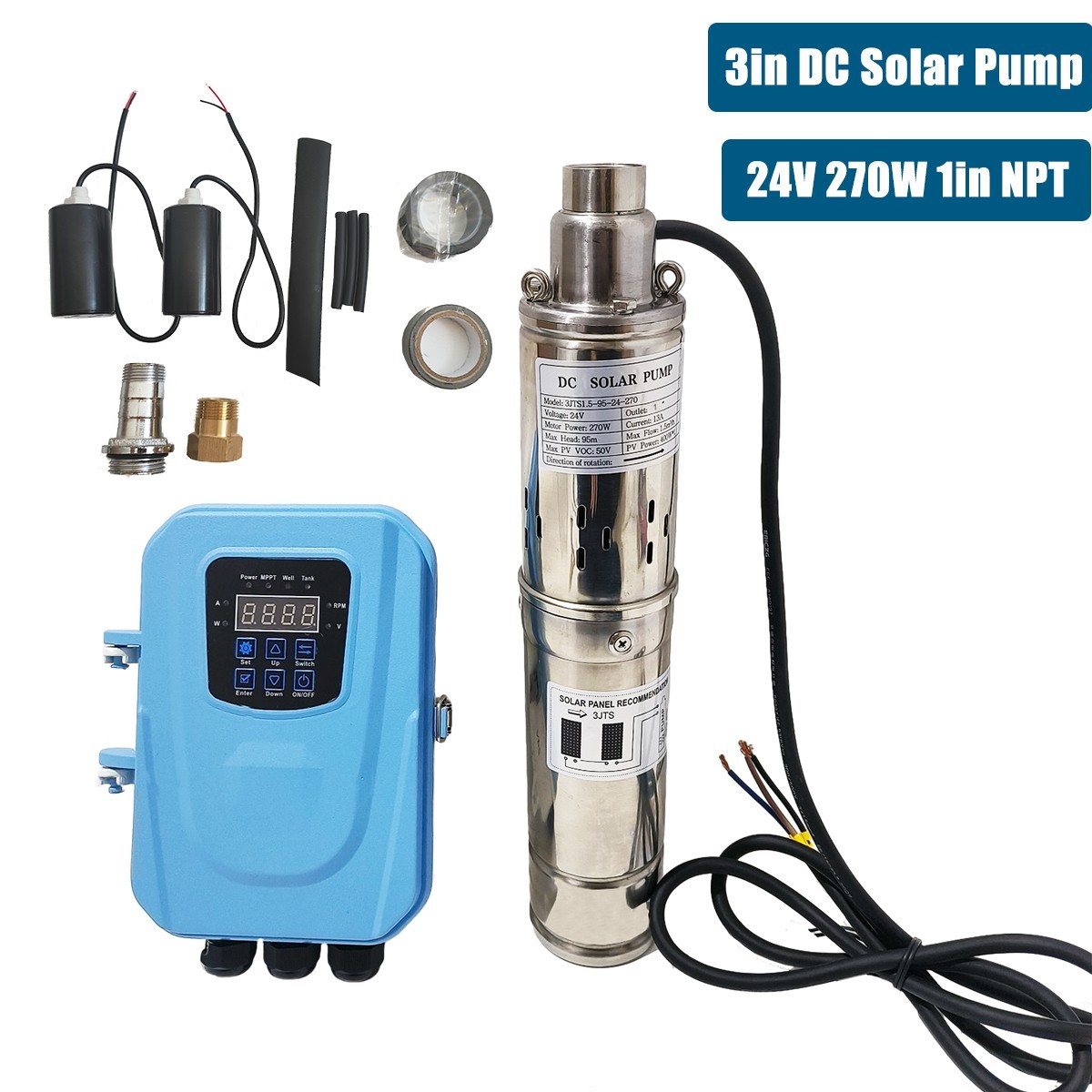 3" Solar Pump Submersible Pump Bore DC 24V 270W Deep Well Pump + MPPT Controller
