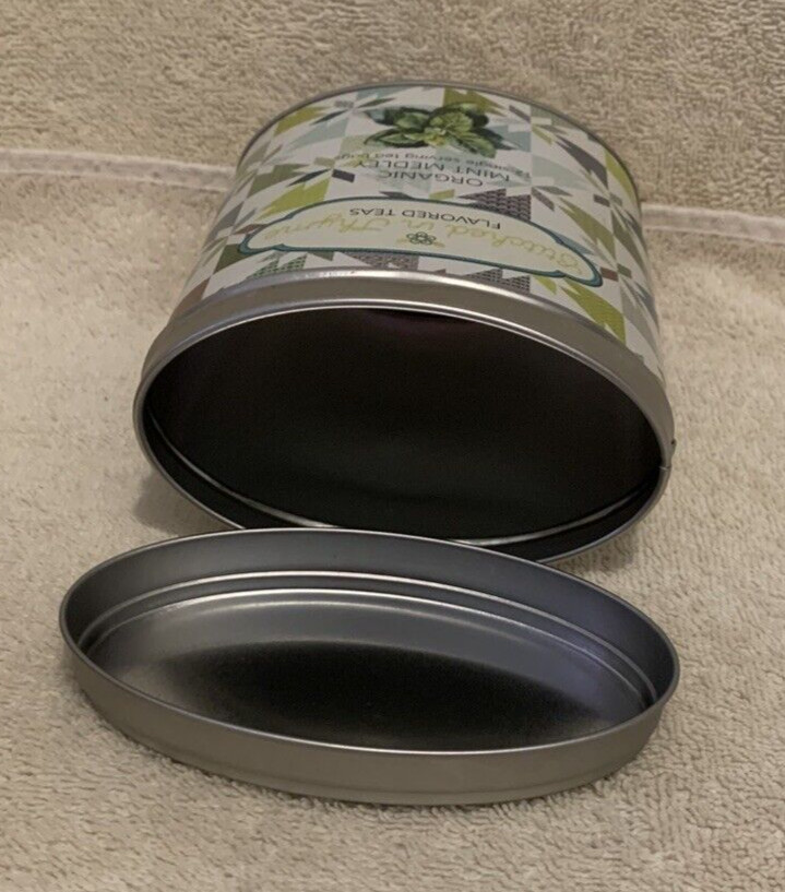 Stitched In Thyme Flavored Teas Quilt Pattern Oval Tin Box (Empty) 5x4x3 - EUC