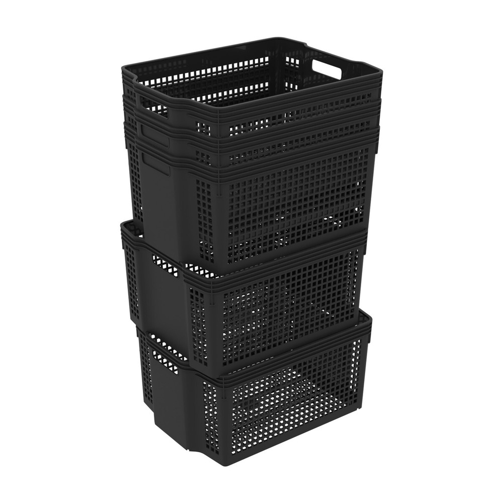 6 Pack Large Stackable Basket, Plastic Woven Basket Organizer, Black