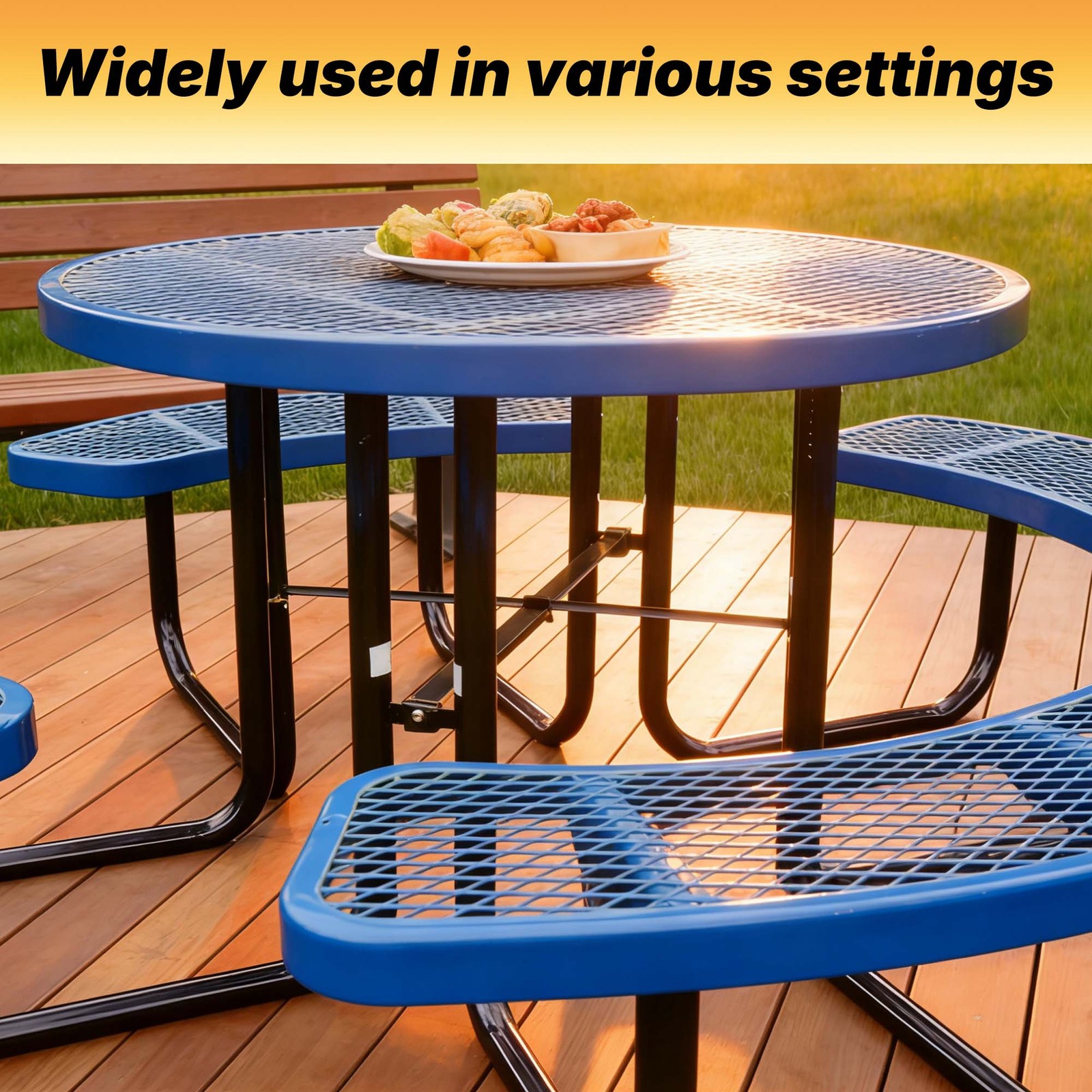 LAUCO 46 Inch Round Metal Picnic Table with Attached Benches, Red Thermoplastic