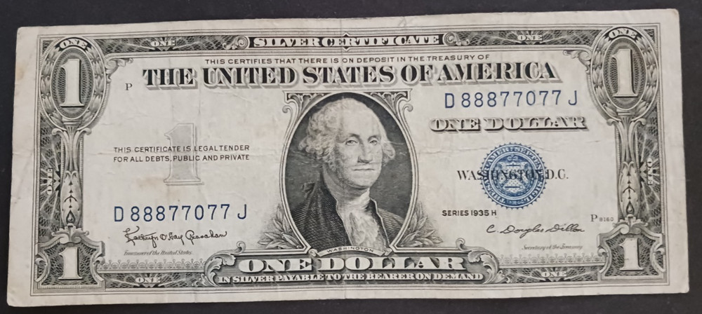 $1 1935H D/J BLOCK SILVER CERTIFICATE binary 888 note