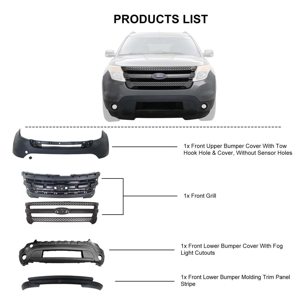 Front Bumper Kit Unpainted 2011-2015 Explorer without Sensor Hole BB5Z17626BB