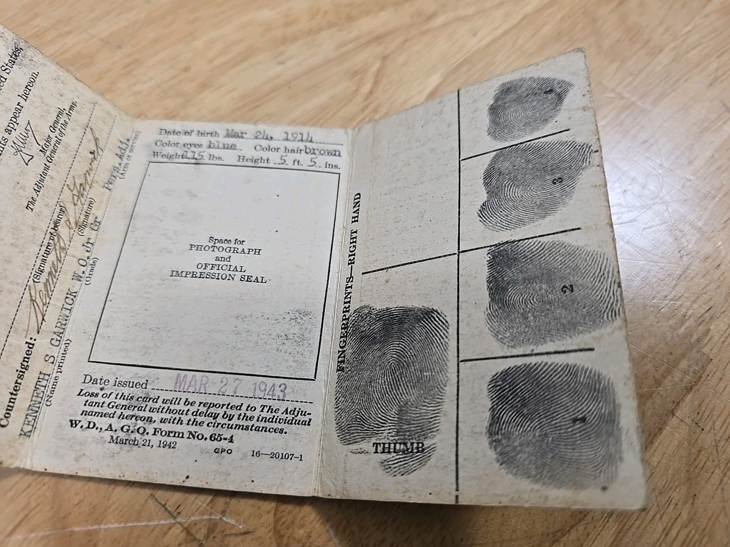 1943 WW2 War DEPARTMENT Identification Card US Army Rare