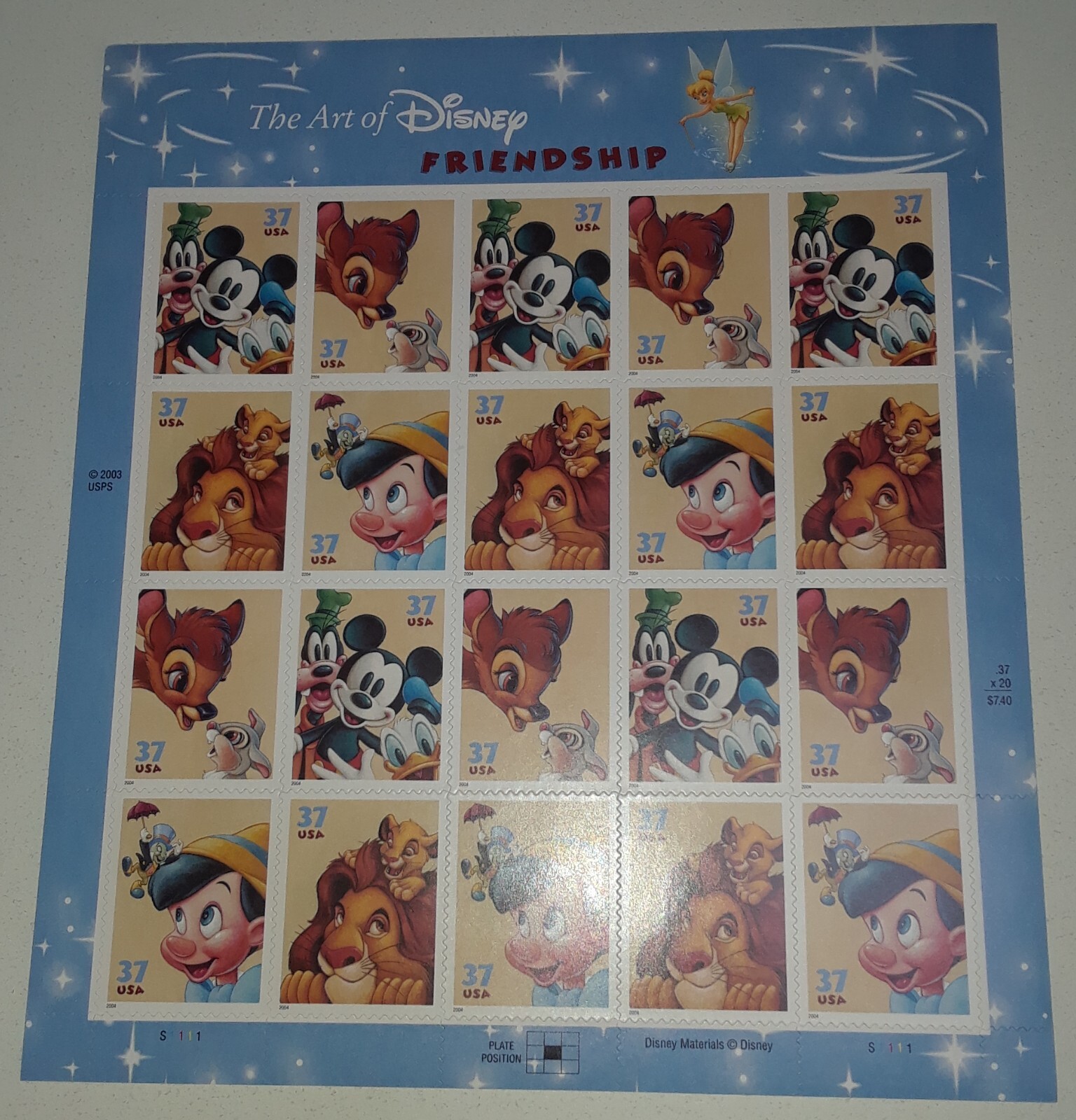 THE ART OF DISNEY Complete Set of 5 Differnt Full Sheets of 20 US Stamps 2004-08