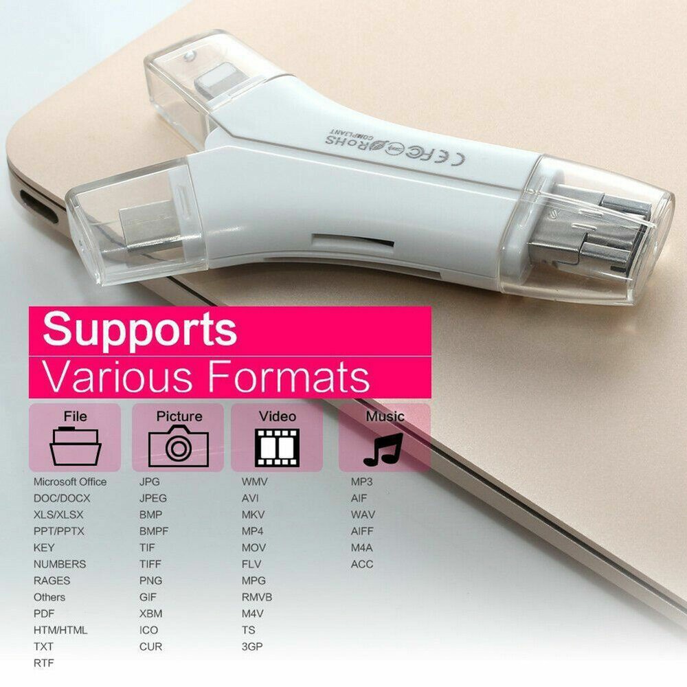 4 in 1 Flash Drive USB Micro SD&TF Card Reader Adapter for iPhone 8 Macbook WHT