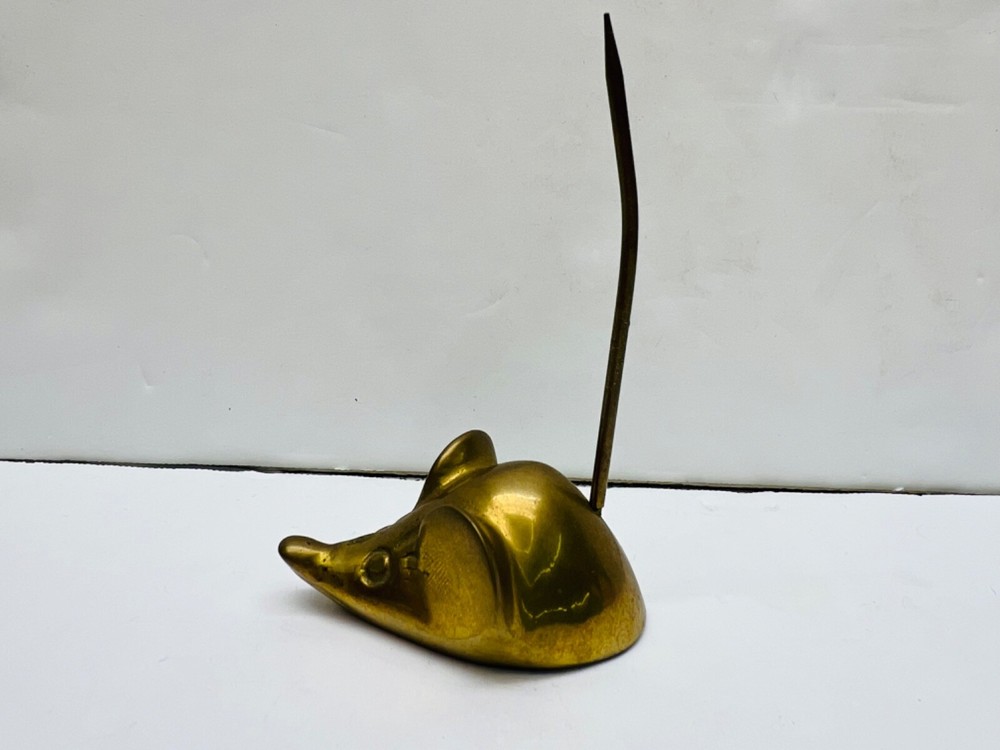 vintage solid brass mouse long tail paper/ ring holder paperweight