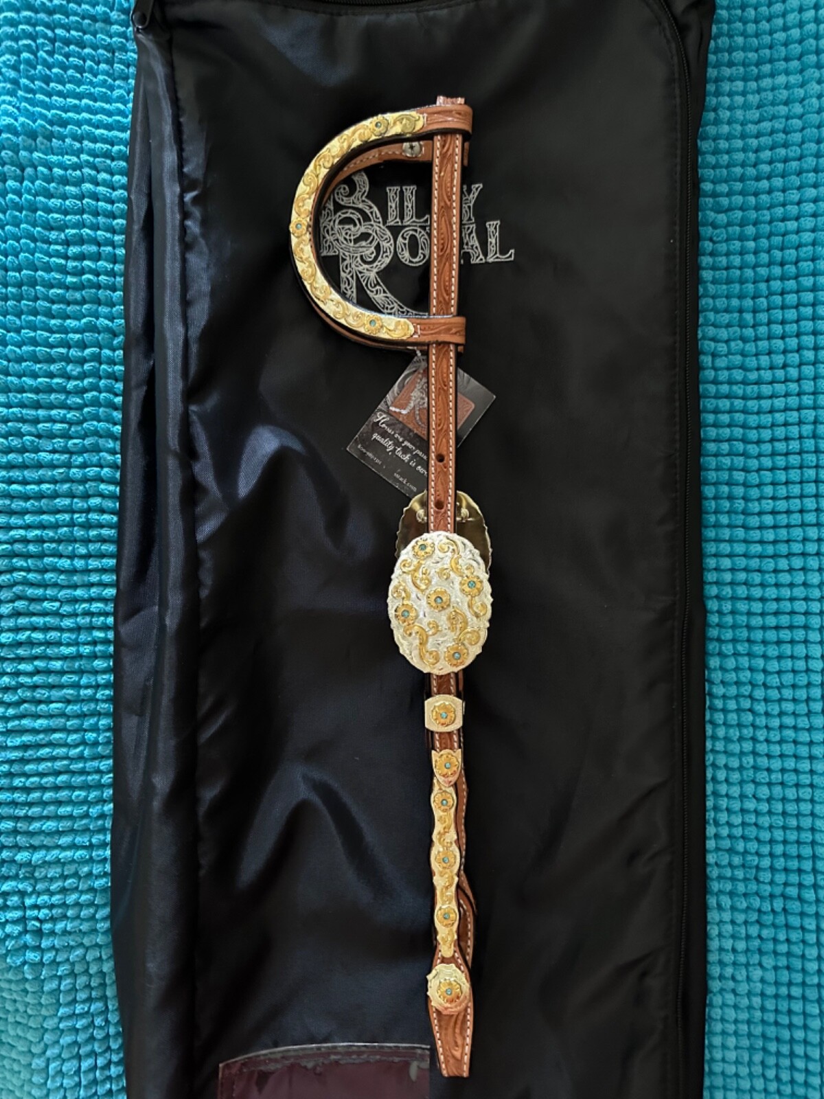 BILLY ROYAL Headstall GOLD & SILVER w Blue CRYSTALS ~ Close Up Pictures