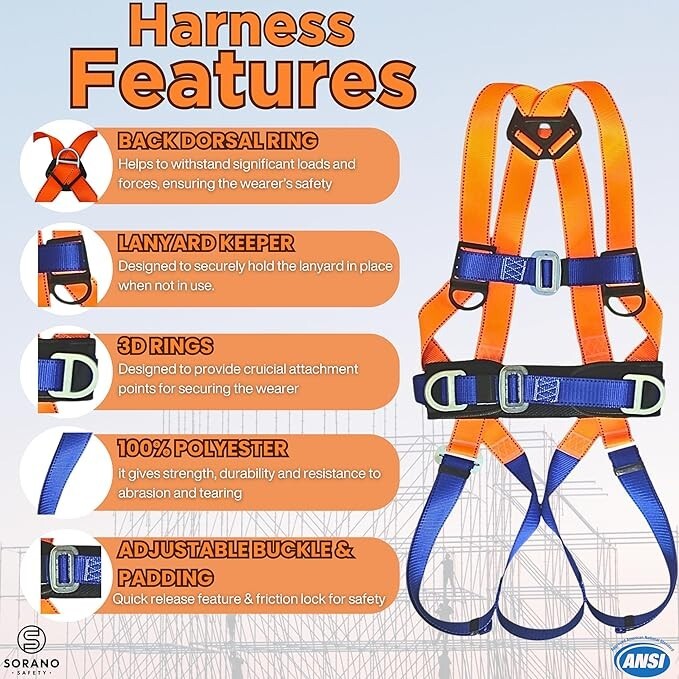 Safety Harness Fall Protection Kit, Full Body Roofing Harness with Lanyard