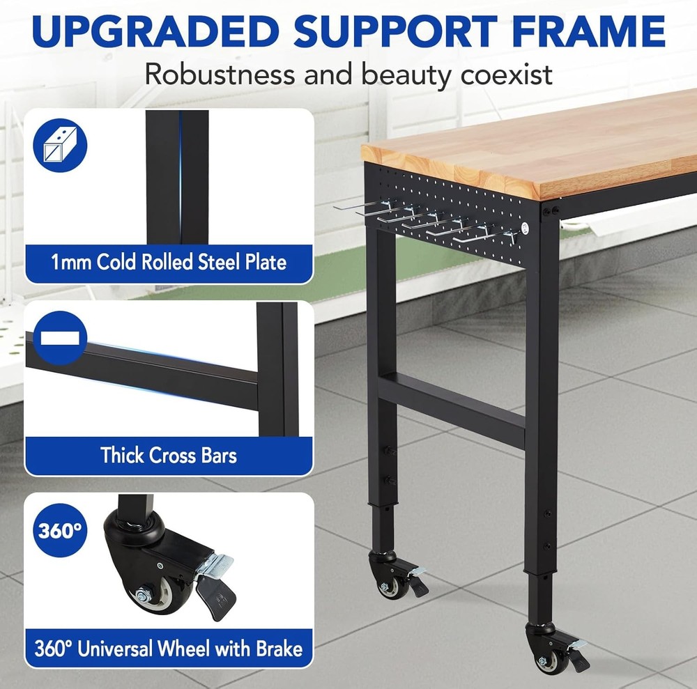 Adjustable Height Workbench 72"L x 25"W Work Bench Table w/ Power Outlets 2000 L