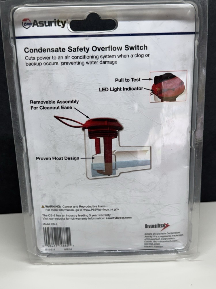 NEW🔥 Float Switch Asurity CS-2 Pipe Condensate Overflow LED Illuminate Line