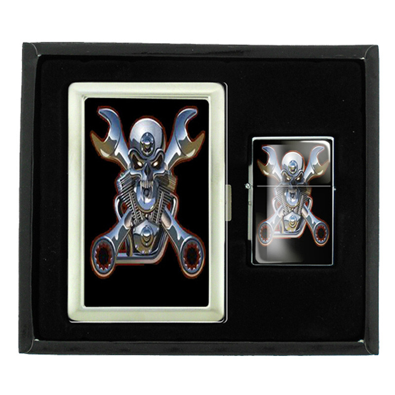 SKULL D9 CIGARETTE CASE / WALLET & LIGHTER GIFT SET
