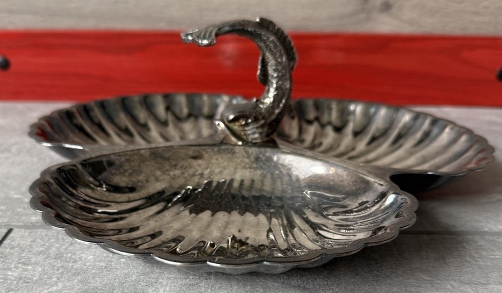 Silver Plated Three Scallop Shell Shaped Serving Dish Center Dolphin Handle
