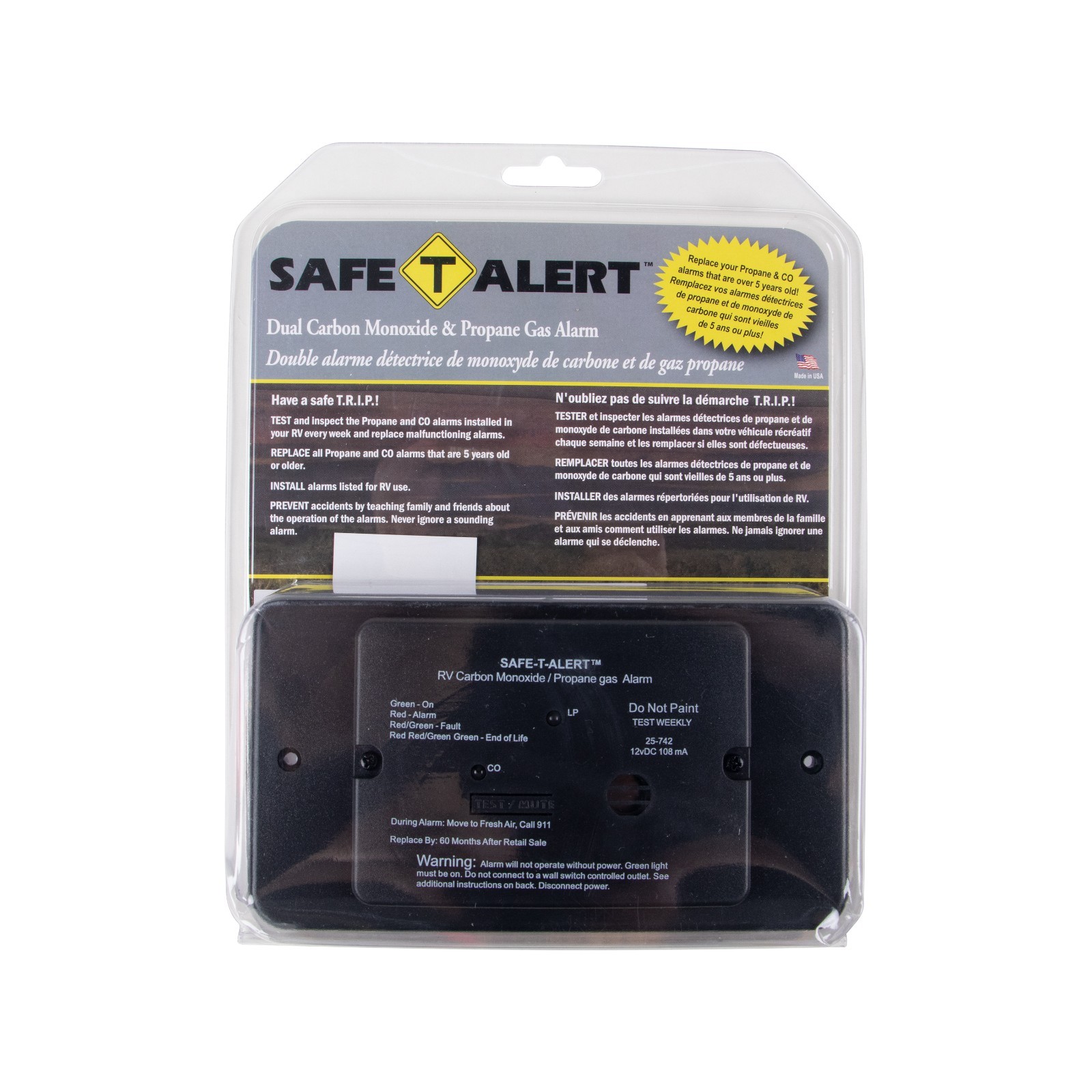 Safe T Alert 25-742-BL Dual LP/CO Alarm – Flush Mount Black RV Detector