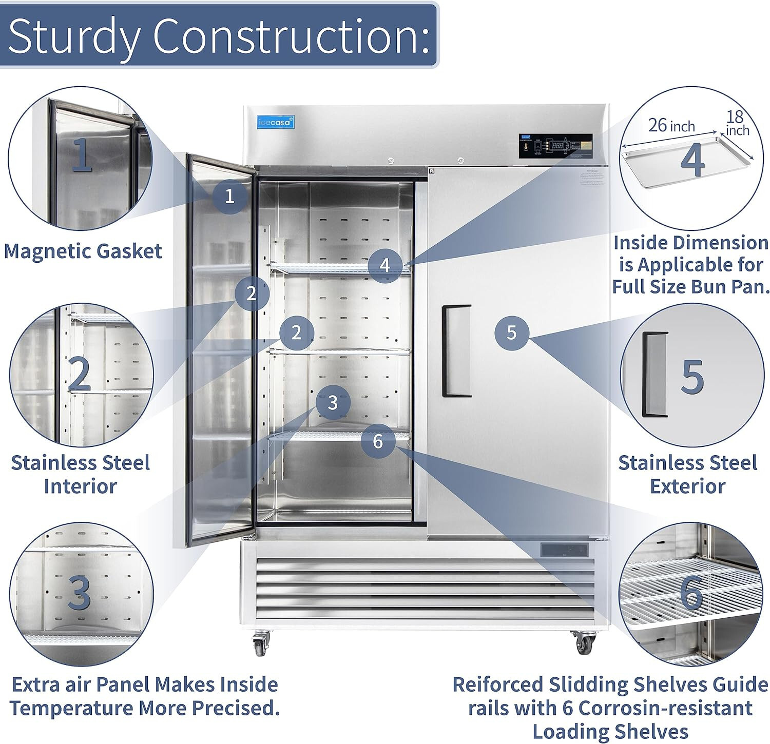 54" Commercial Refrigerator, ICECASA 2 Door Commercial Reach-In Cooler 49 Cu.ft