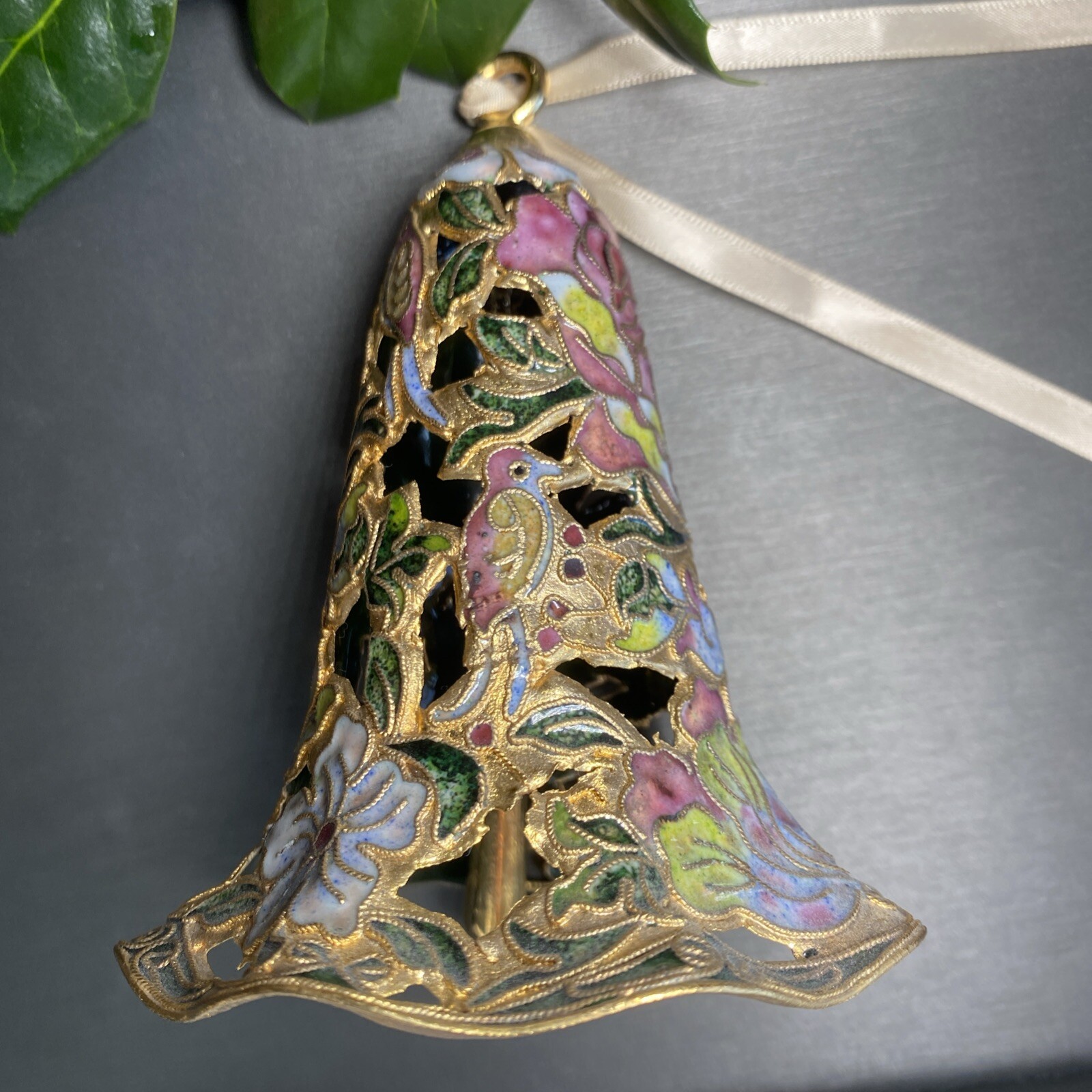 Vintage Bell Cloisonne Enamel Estate Pre-Owned Hand Crafted Bird Flower Pierced