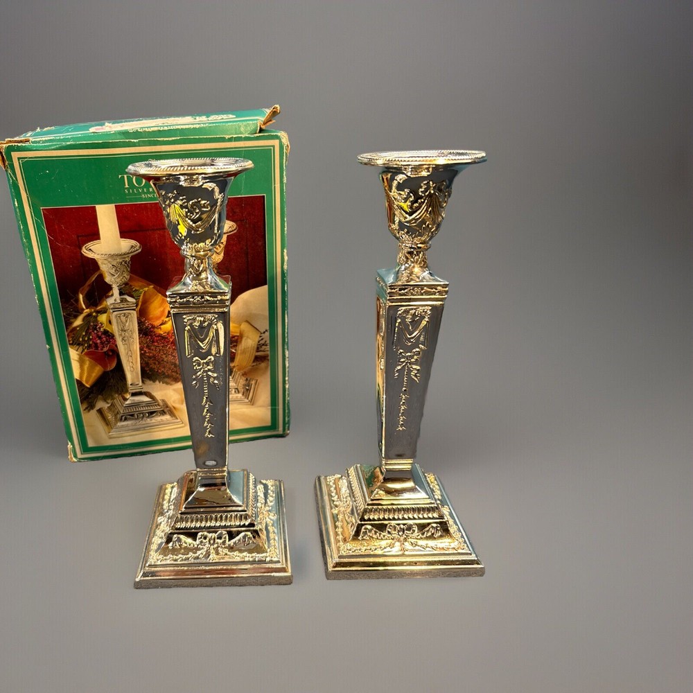 Vintage Towle Silversmiths 9.5”  Silverplate Candlestick Holders Set 99441258T