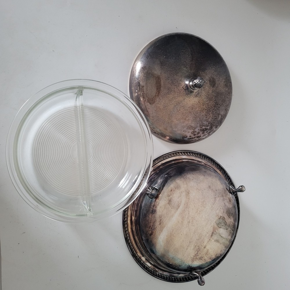 Vintage Sheffield Silver Plated Partitioned Dish w/ Glass Pyrex Insert dual Rare