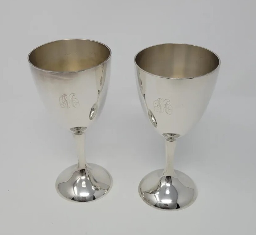 International Silver Co. Set Stemmed Monogramed "M" Wine Goblets Cups Vintage