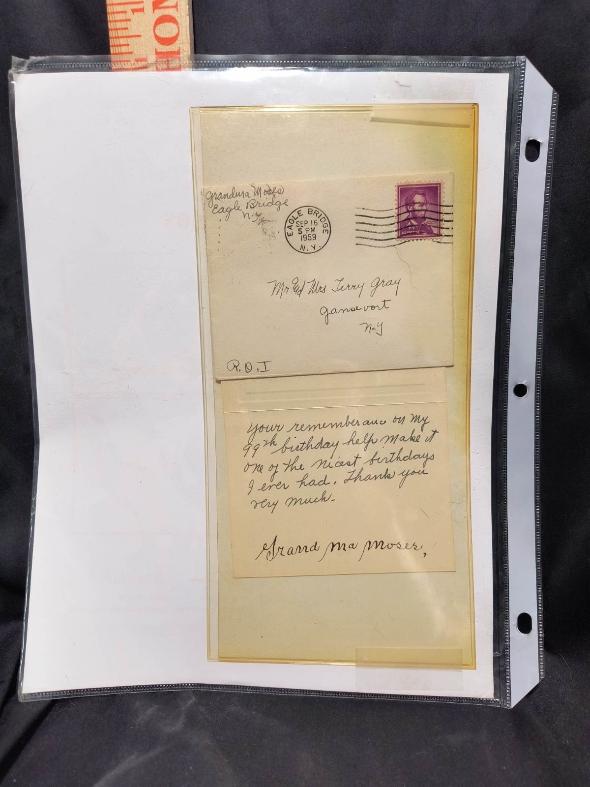 Grandma Moses Hand Written Card Signed COA 99TH Birthday Folk Artist Painter