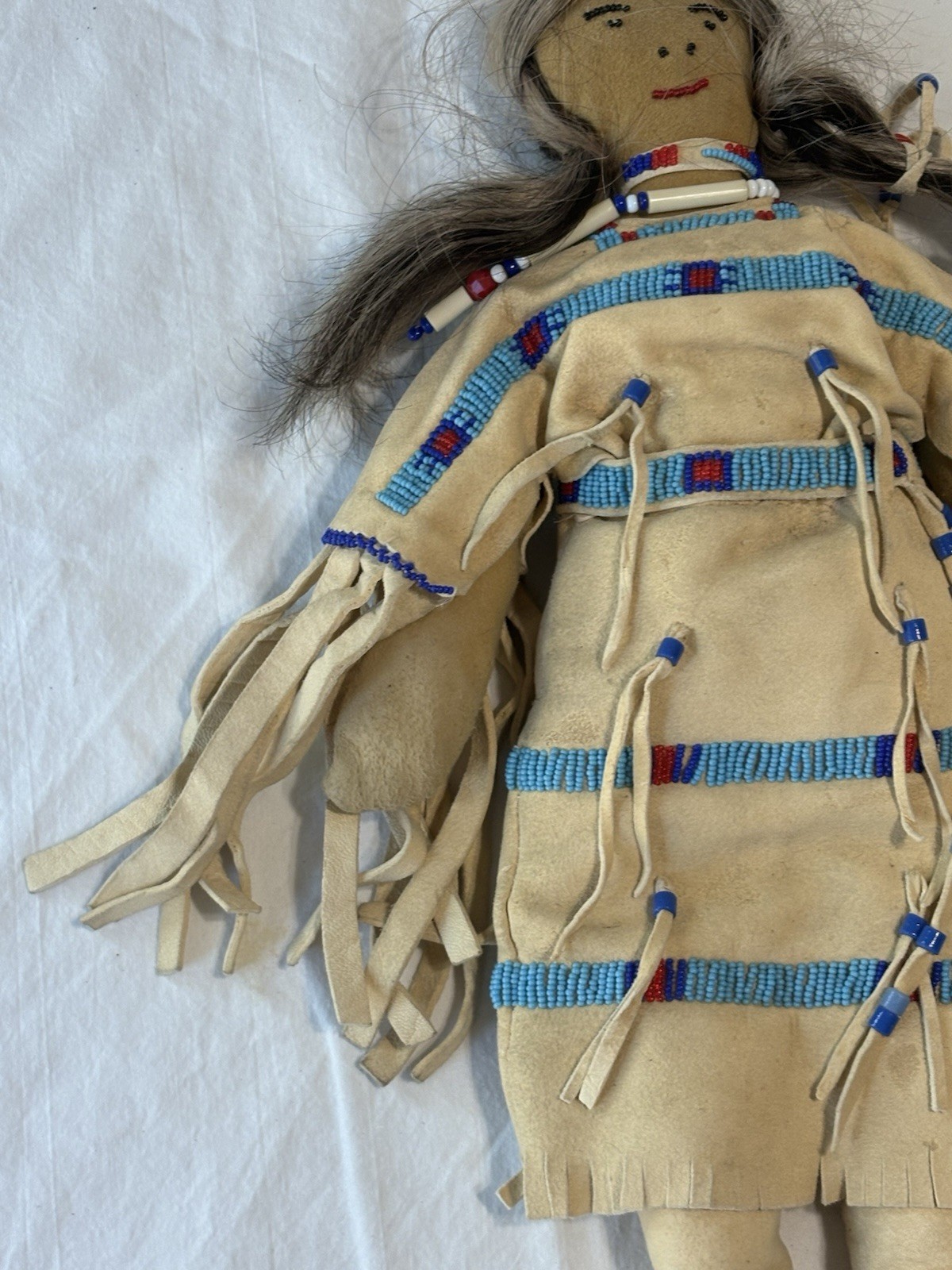 Vintage Native American Handmade Buckskin Beaded Doll 16"” Real Hair