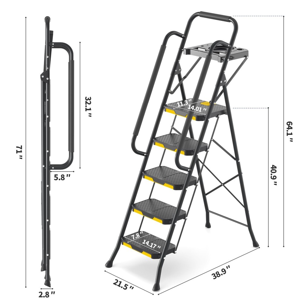 KINGRACK 5 Step Ladder with Tool Platform, Folding Step Stool with Handrails,...