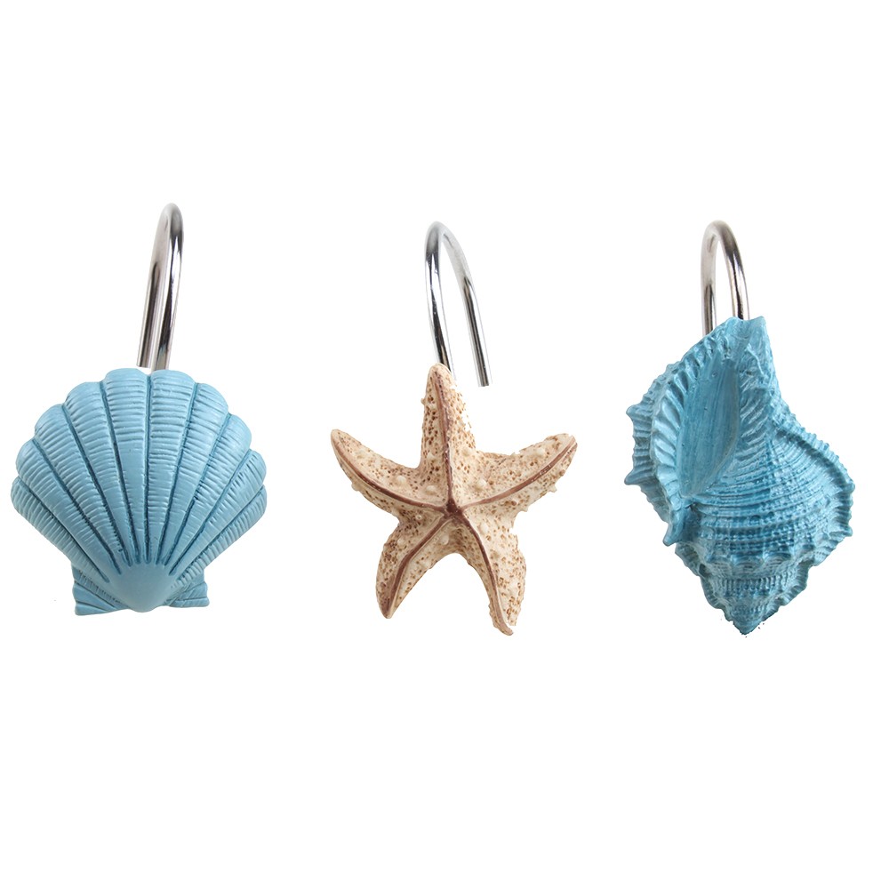12Pcs Blue Decorative Seashell Bath Shower Curtain Hooks Bathroom Decor Rings