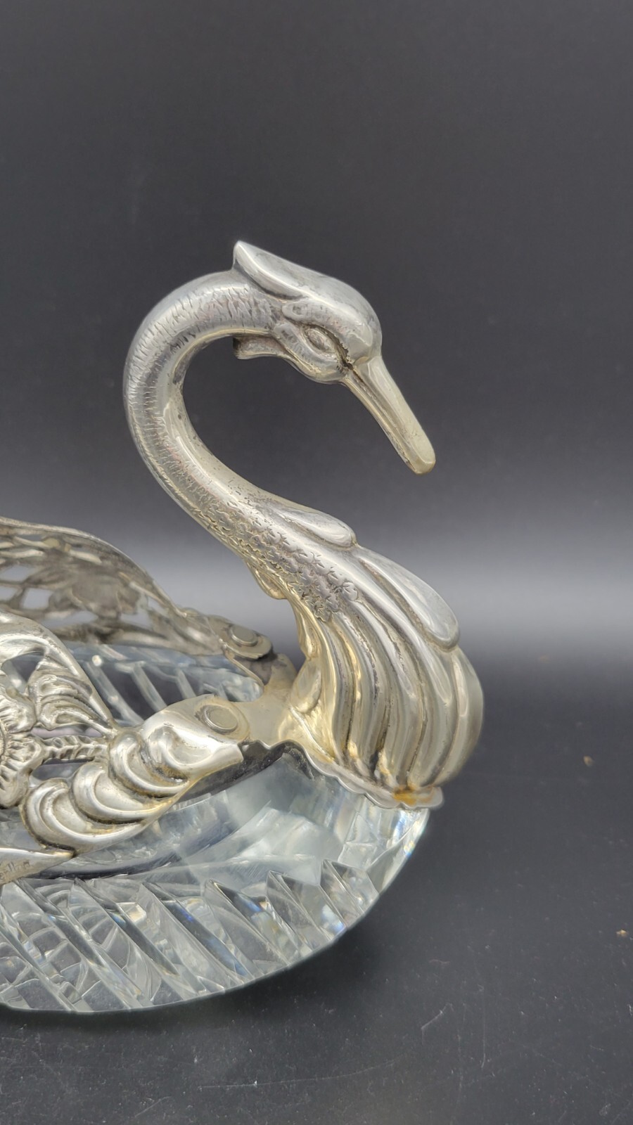 Vintage Sterling Silver & Crystal Swan Master Salt Cellar / Caviar Bowl, 5 1/4"