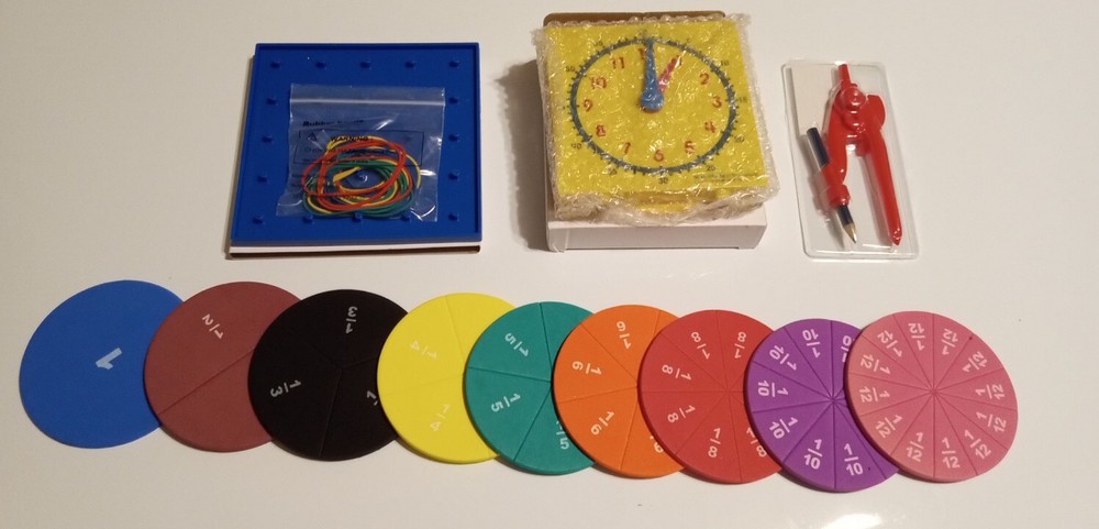 Math Manipulatives Set Student Clock, Geoboard, Compass, Fractions