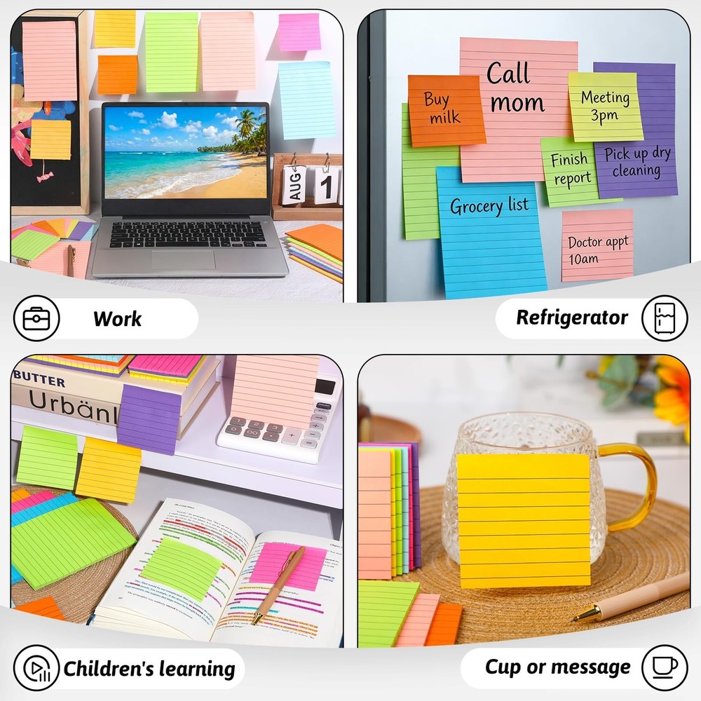 18 Pack Lined Sticky Notes 9 Bright Colors Self-Stick Note Pads with Lines 4x...