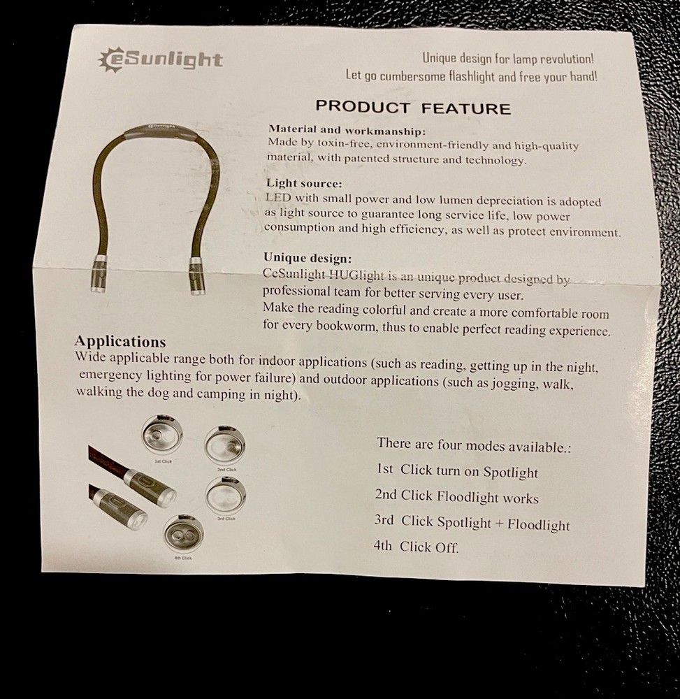 eSunlight Hug Neck Reading Light, 3 Settings, Rechargeable, Includes A Cable