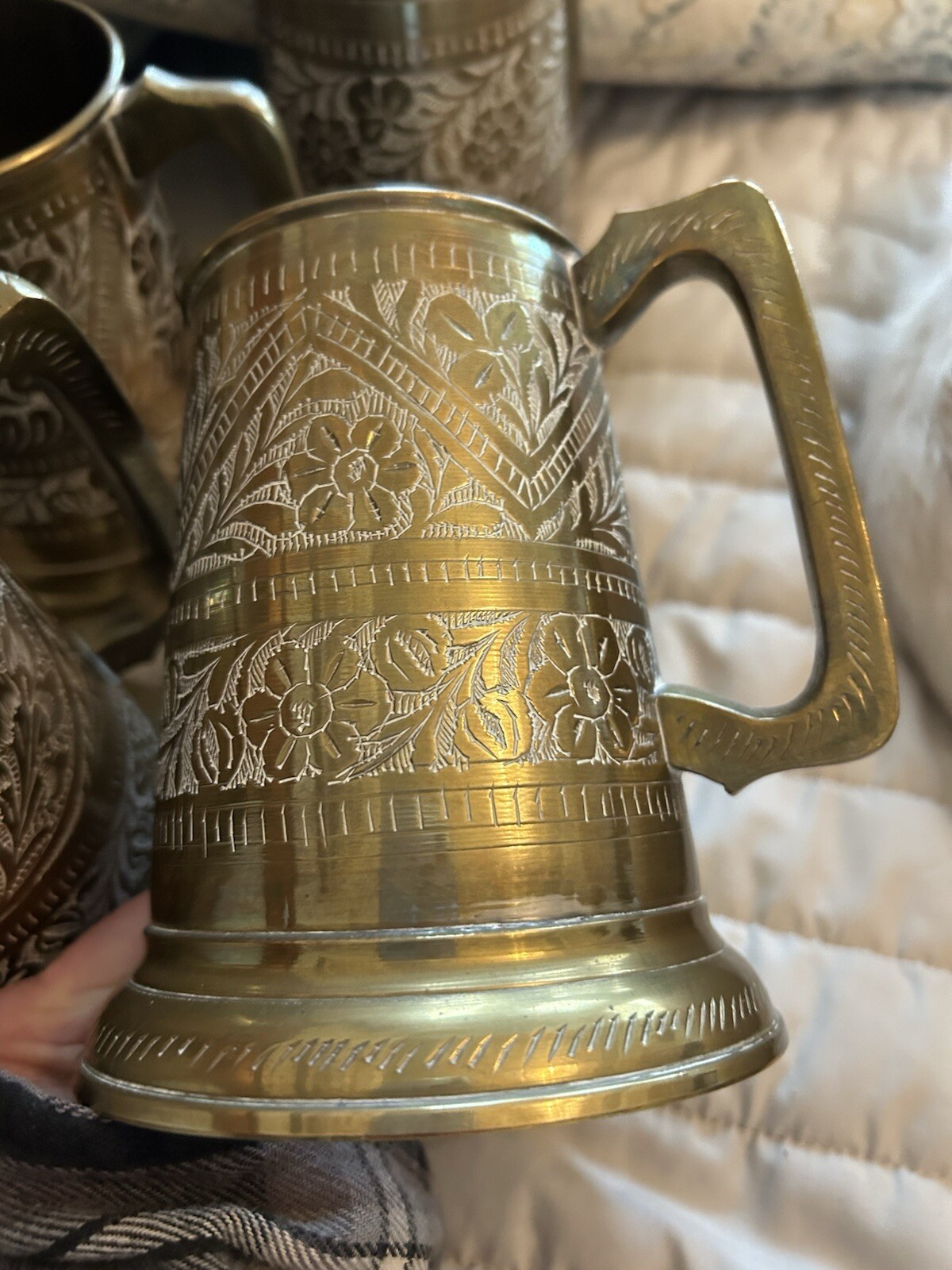 Set Of Four Vintage Hand Etched Copper/Brass Beer Mugs Glass Bases - Pakistan